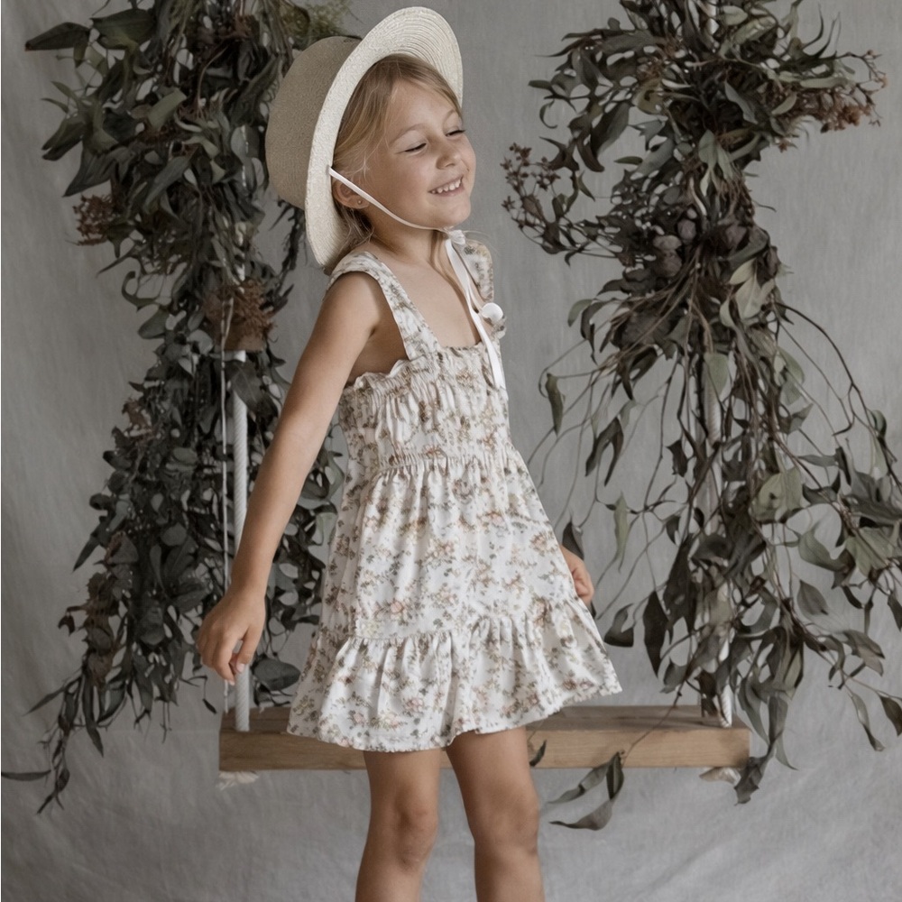 Boho Yoli & Otis Girls 6Y Floral‎ Smocked Tiered Linen Dress Cream Mustard Blue
